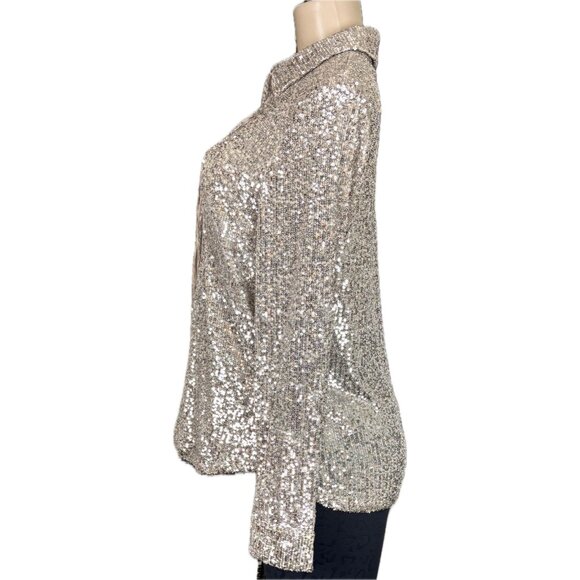 Cable & Gauge L Metallic Champagne Sequin Button Down Collar Long Sleeve Shirt - Picture 5 of 7